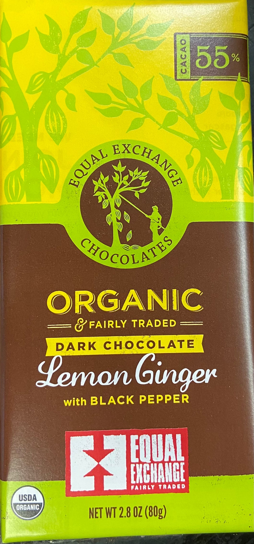 Chocolate Bar, Dark Lemon Ginger with Black Pepper, Organic 55% Cacao, Equal Exchange