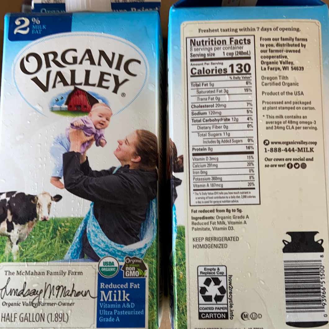 Milk, Organic Valley Reduced Fat 2% Half Gallon