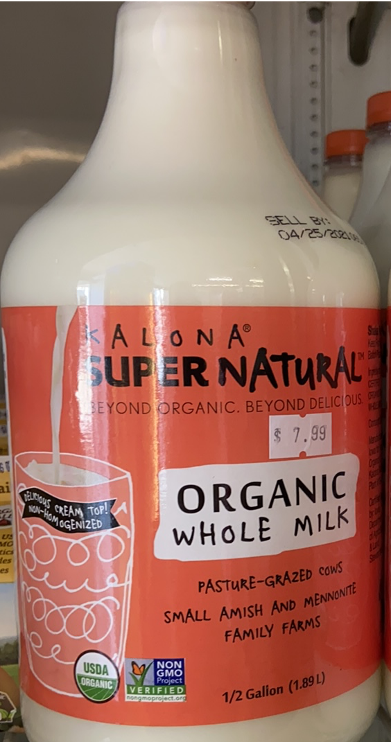 Milk, Kalona, Whole, Not Homogenized half gallon, Organic, Pasture Raised