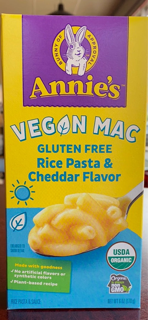 Annie’s Vegan Mac; Gluten Free Rice Pasta & Cheddar Flavor