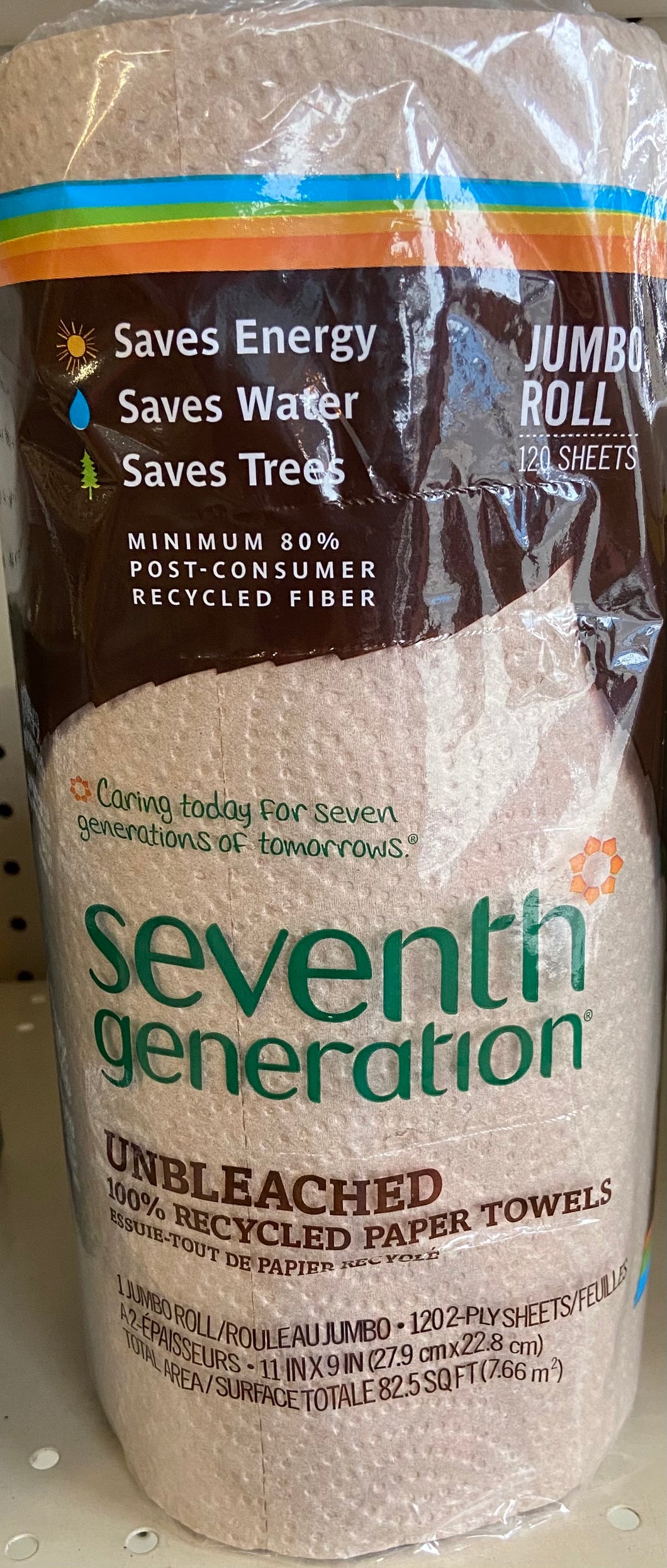 Paper Towels, Unbleached, 100% Recycled, Seventh Generation, single roll