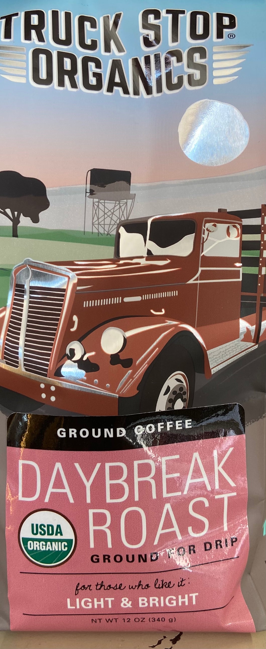 Truck Stop organics, ground coffee, daybreak roast, light and bright