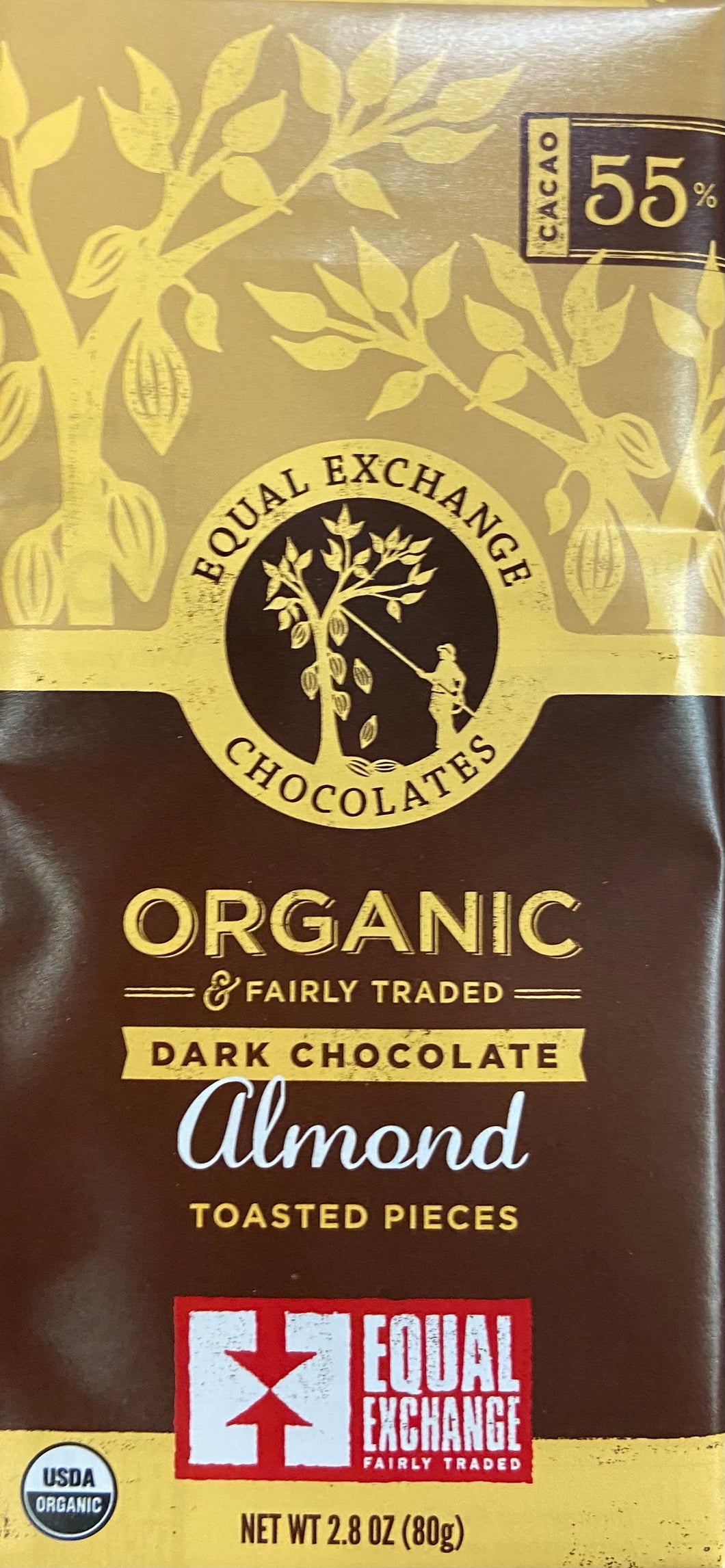 Chocolate Bar, Dark with Toasted Almond Pieces, Organic 55% Cacao, Equal Exchange